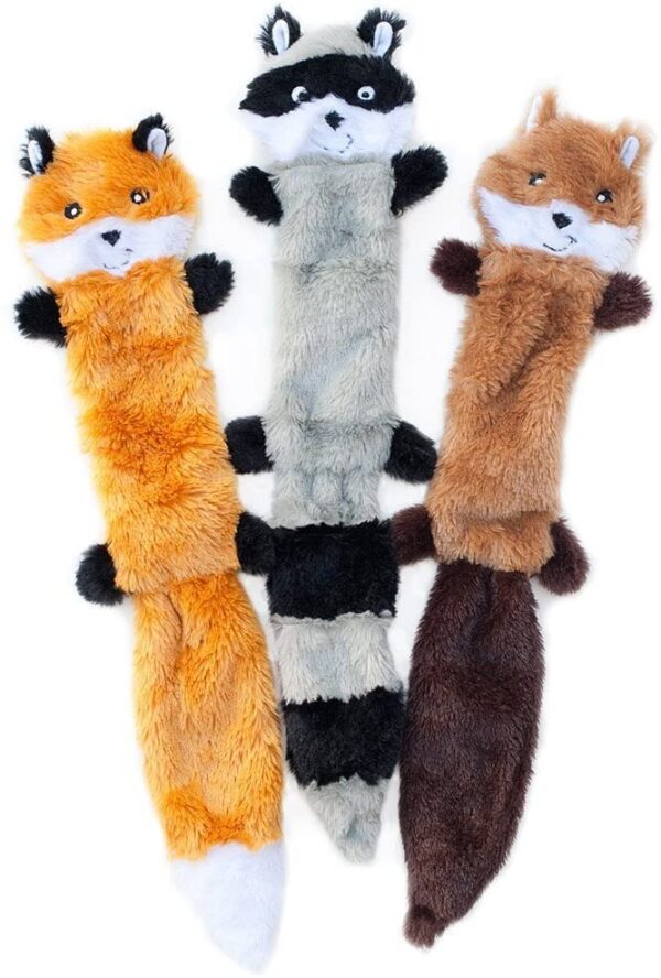 Skinny Peltz No Stuffing Squeaky Plush Dog Toy, Fox, Raccoon, and Squirrel